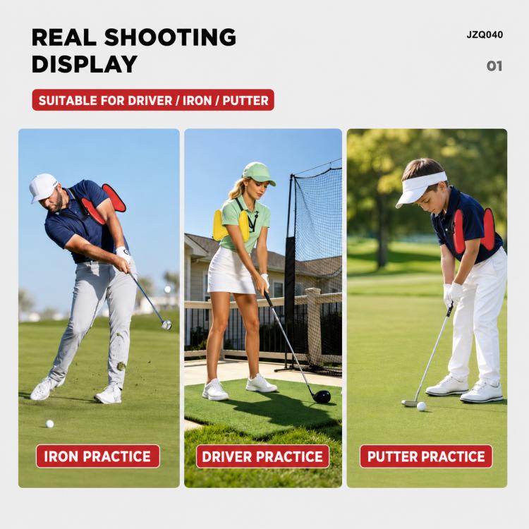 Golf arm alignment trainer in use for iron, driver, and putter practice