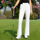 Women’s PGM white golf pants, high-waist straight flare leg.