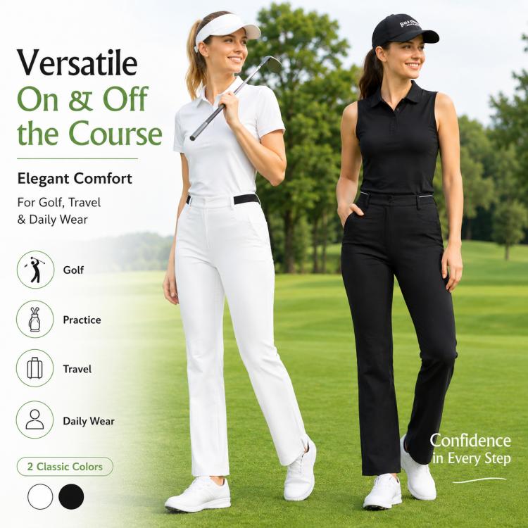 Women’s PGM golf pants in white and black, full-length flared leg.