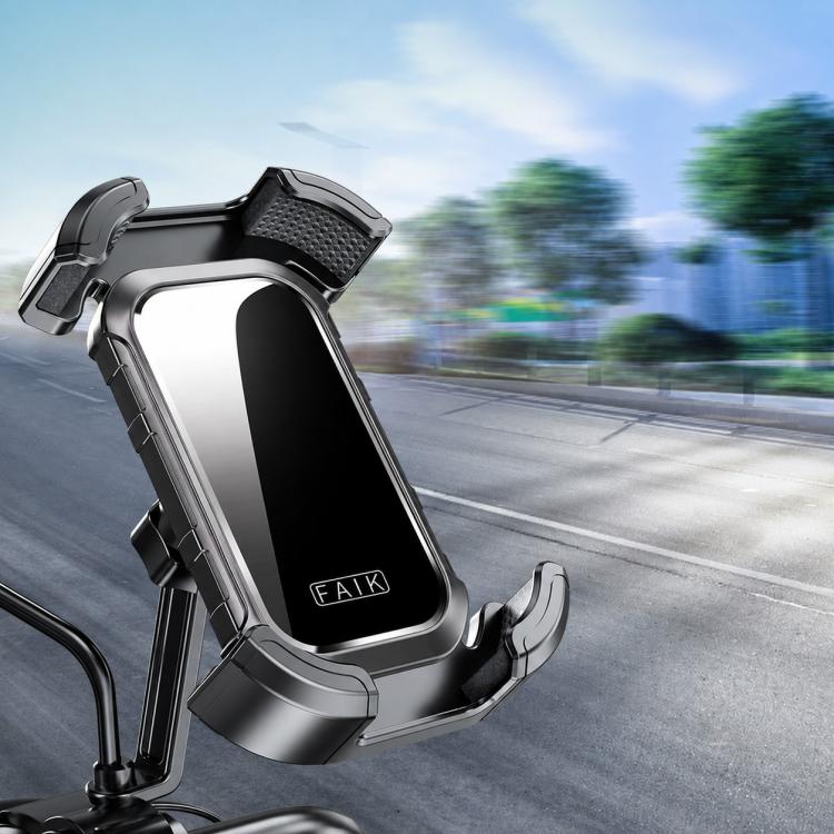 360° rotating motorcycle phone holder with mirror-finish frame, angled view