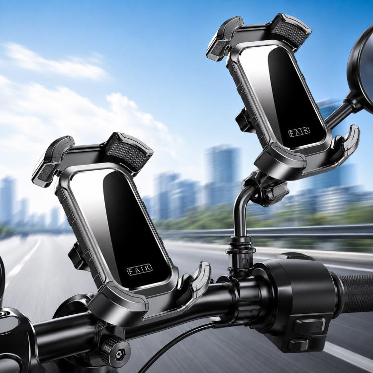 360° rotating motorcycle phone holder with dual mounting clamp and handlebar grips