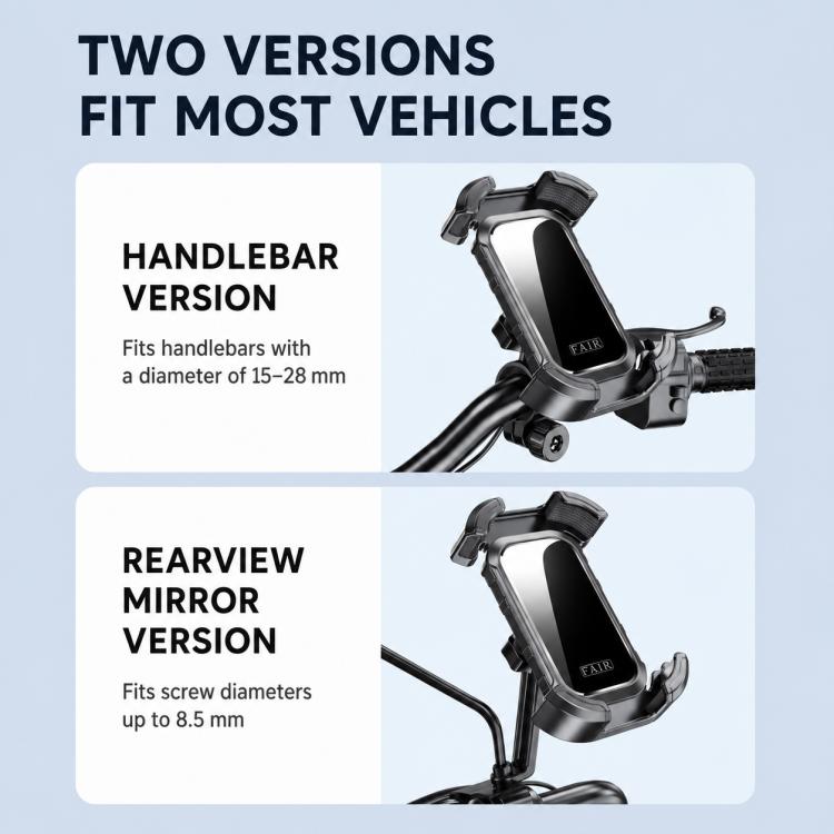 Phone holder showing handlebar version and rearview mirror version attachment points