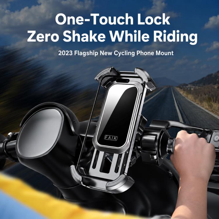 360° rotating motorcycle phone holder clamped to handlebar, phone locked in