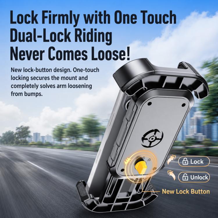 360° rotating motorcycle phone holder showing dual-lock base and cradle