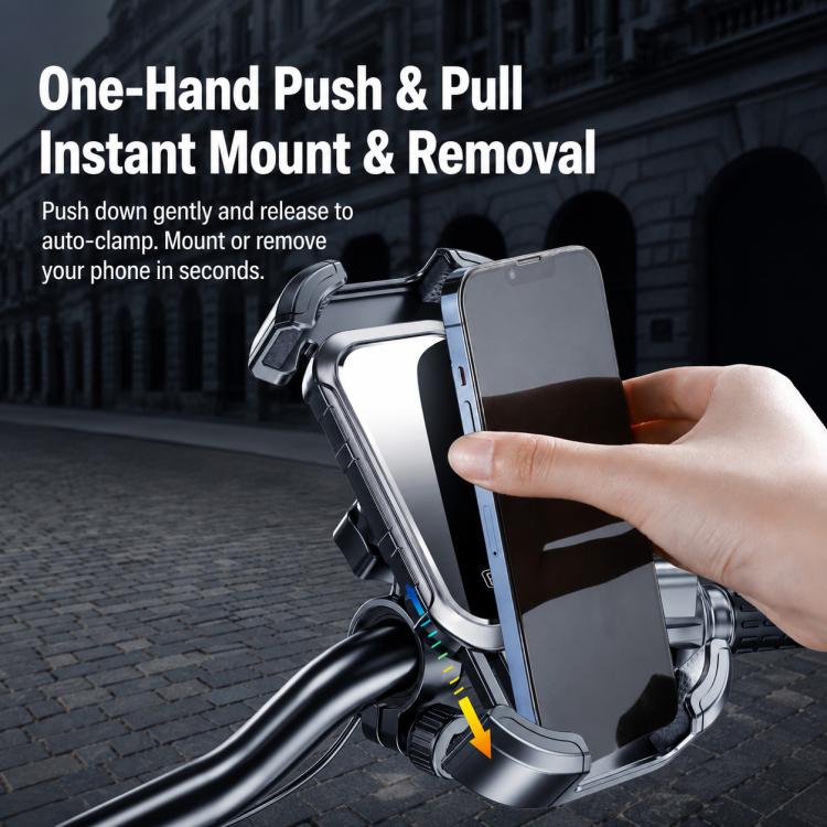 360° rotating motorcycle phone holder with one-hand push mount and lock cradle