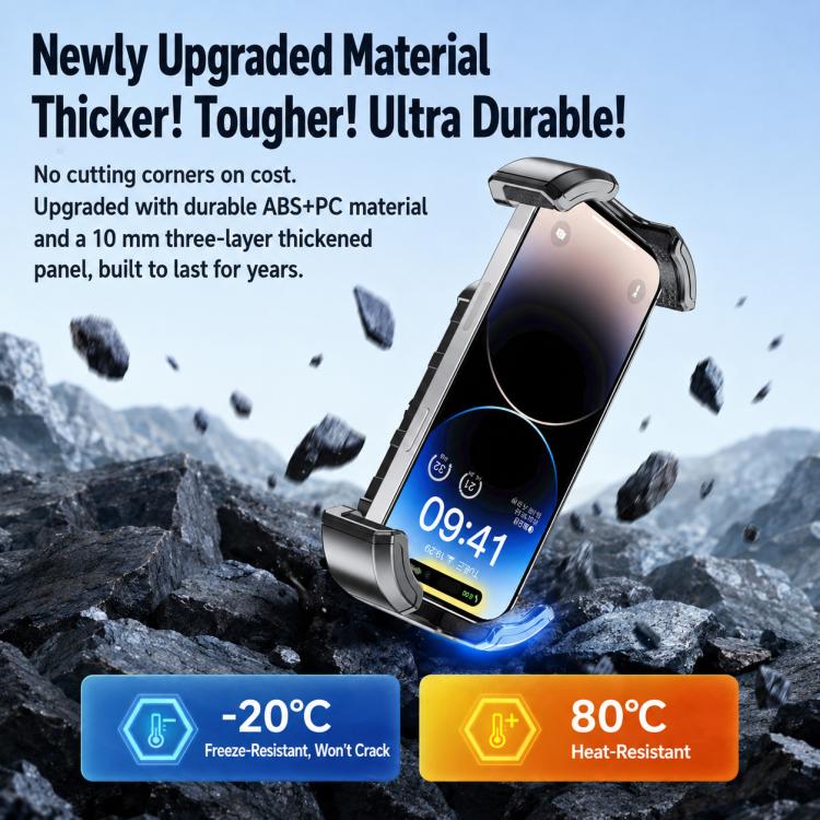 360-degree rotating phone holder with metal clamps, black and silver, holds smartphone securely