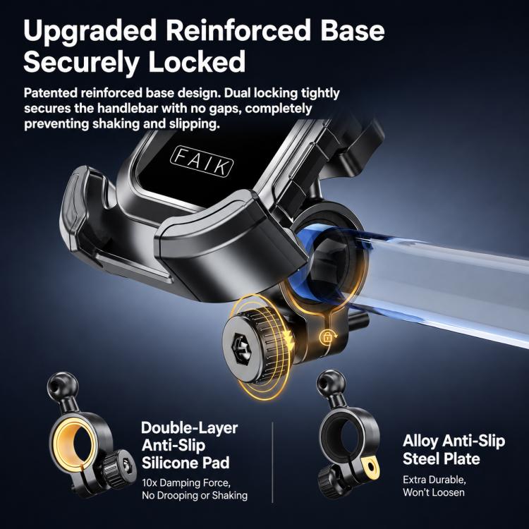 Motorcycle bike phone mount with reinforced base, anti-slip pads, and dual-layer secure grip