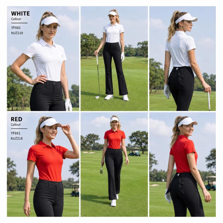 Women’s golf polo shirt color options: white and red, short sleeves
