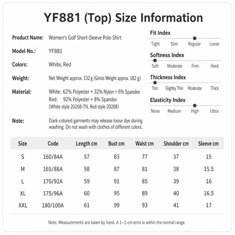 Women’s golf polo shirt size information chart with fit and measurements