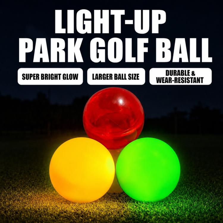 Three glow park golf balls: red, yellow, and green.
