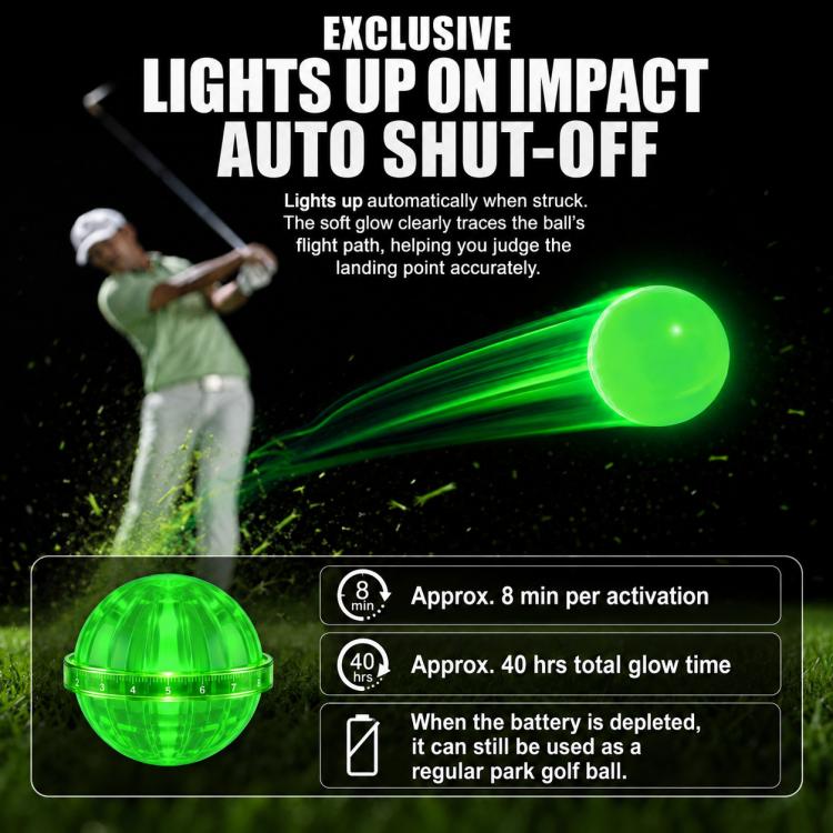 Green glow park golf ball with light trails after impact.