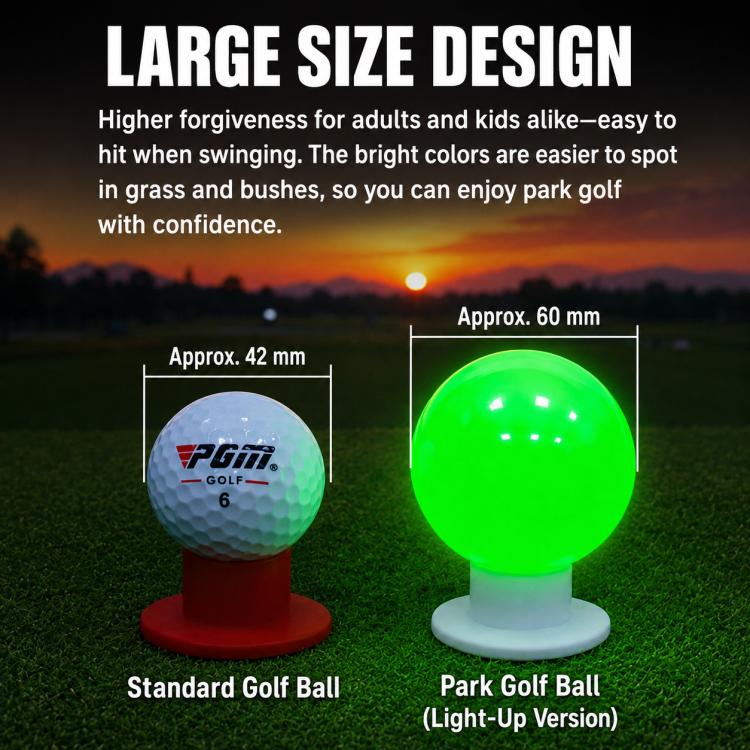 Green light-up park golf ball on pedestal shown next to a standard golf ball.