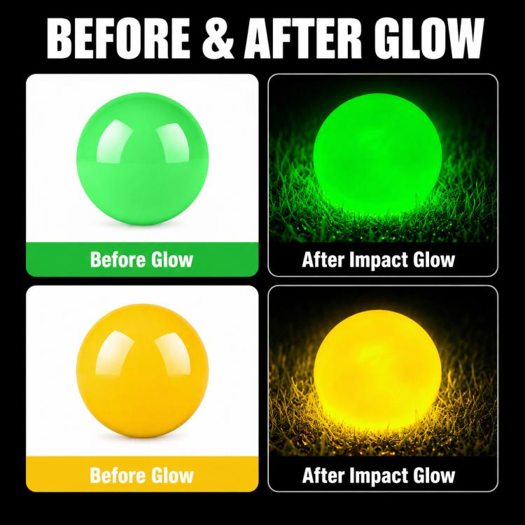 Green and yellow park golf balls before glow and after impact glow.