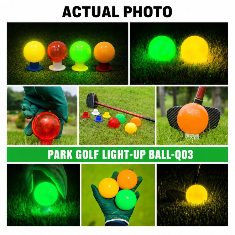 Light-up park golf balls in red, green, yellow, and orange glowing on the course.