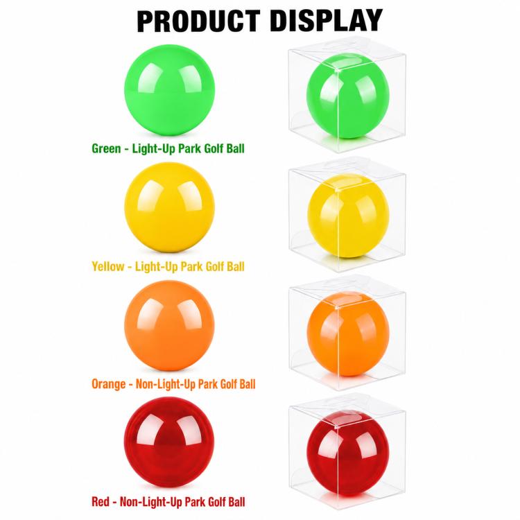 Four park golf balls in clear display boxes: green, yellow, orange, and red.