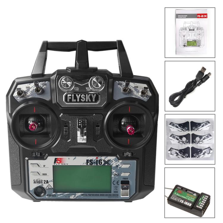 FlySky FS-I6X drone remote transmitter, front view with LCD and control sticks