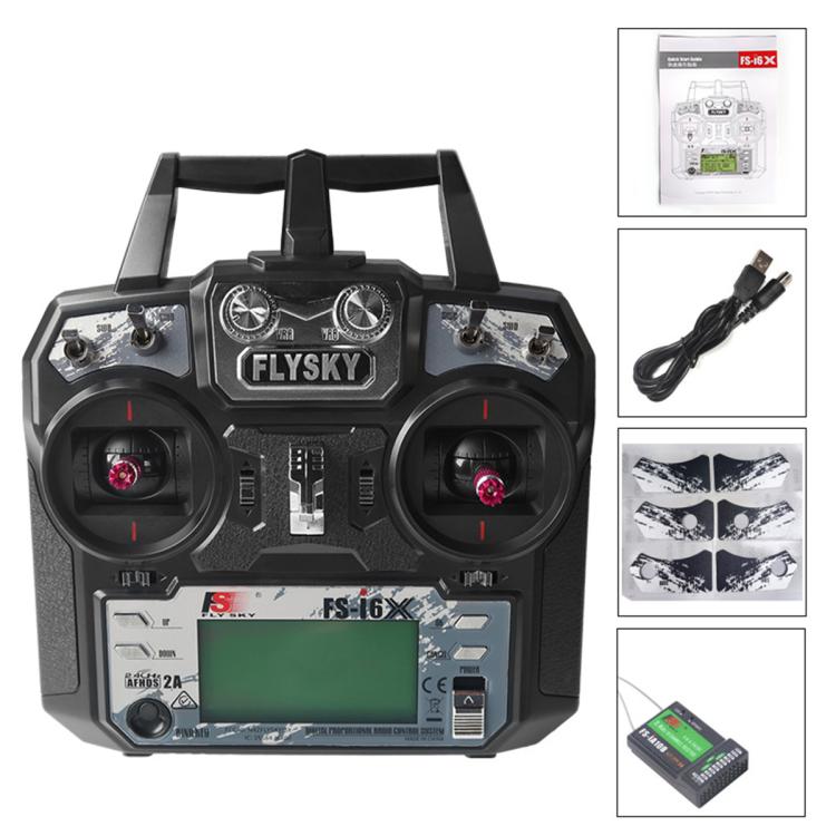 FlySky FS-I6X transmitter with dual throttle controls, LCD screen, and side switches