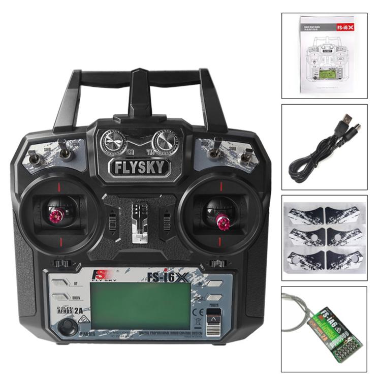 FlySky FS-I6X drone transmitter with front LCD, twin sticks, and top antenna frame