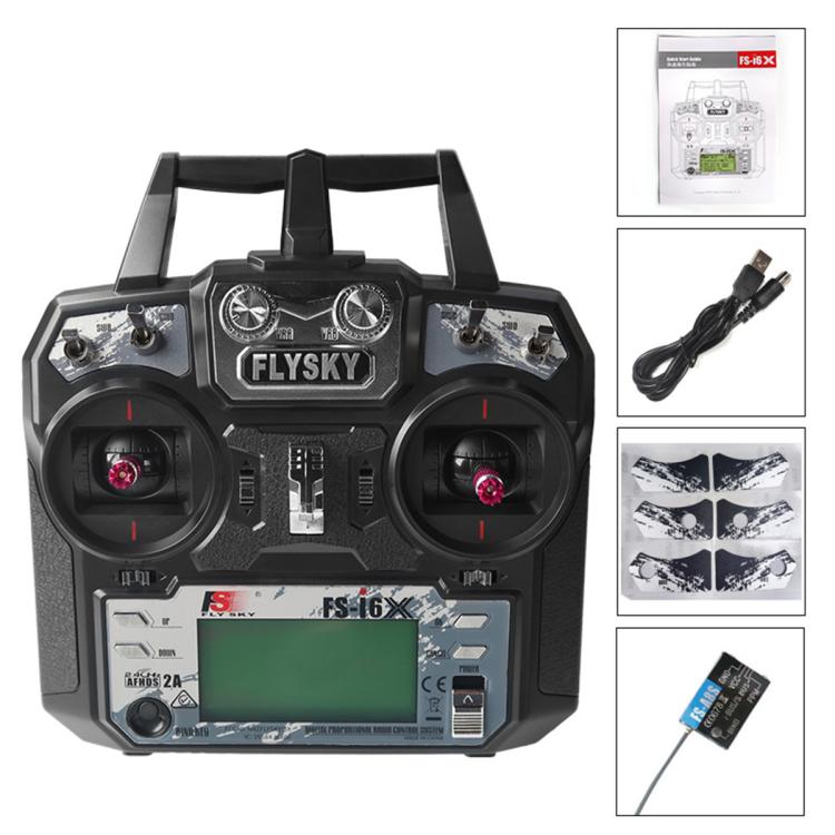 FlySky FS-I6X transmitter with LCD screen, two joysticks, and antenna arms