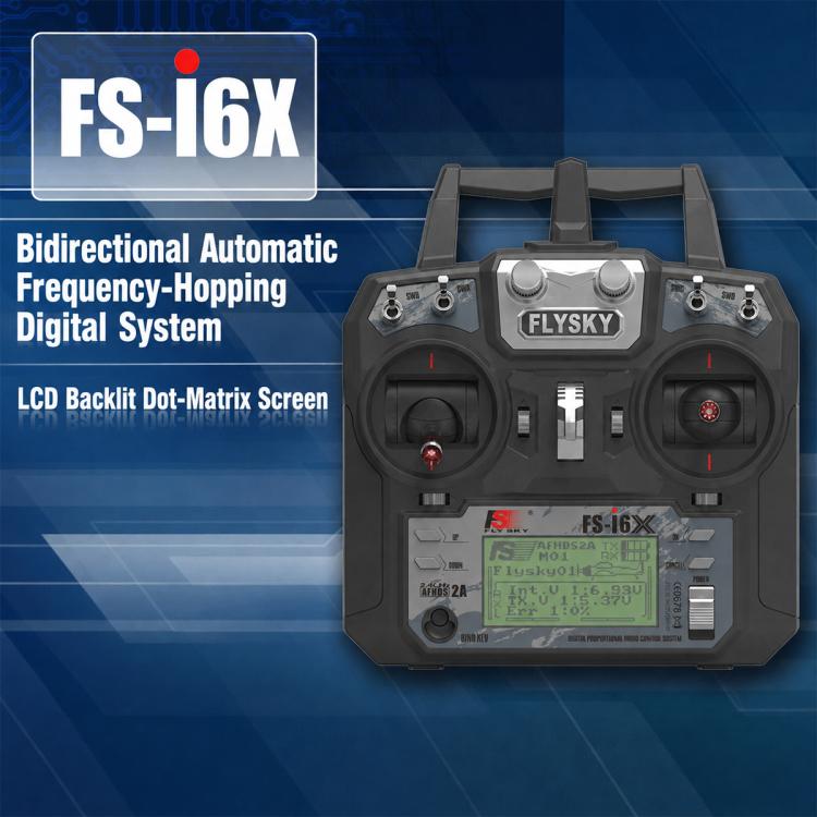 FlySky FS-I6X drone transmitter remote with dual sticks and LCD dot-matrix screen