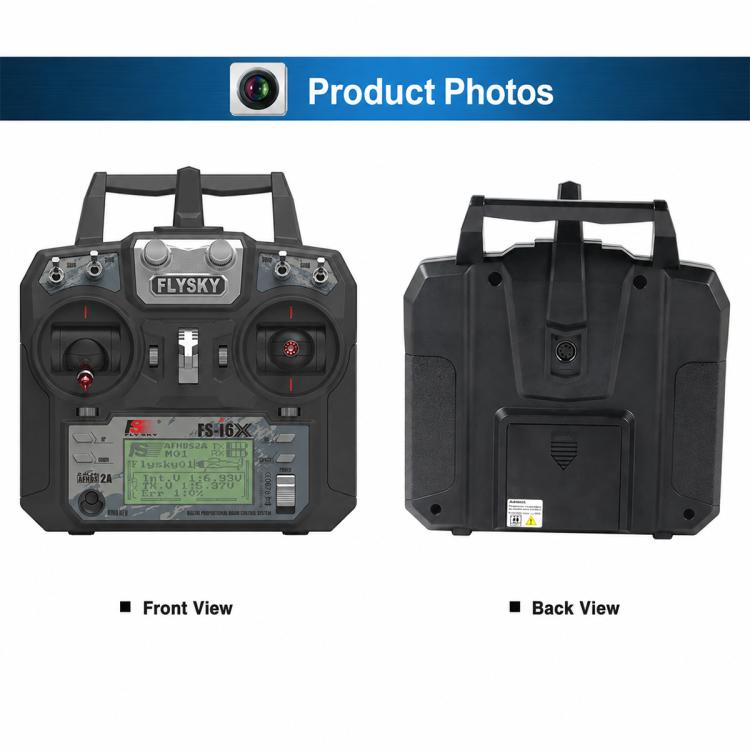 FlySky FS-I6X drone transmitter front and back views with antenna and controls