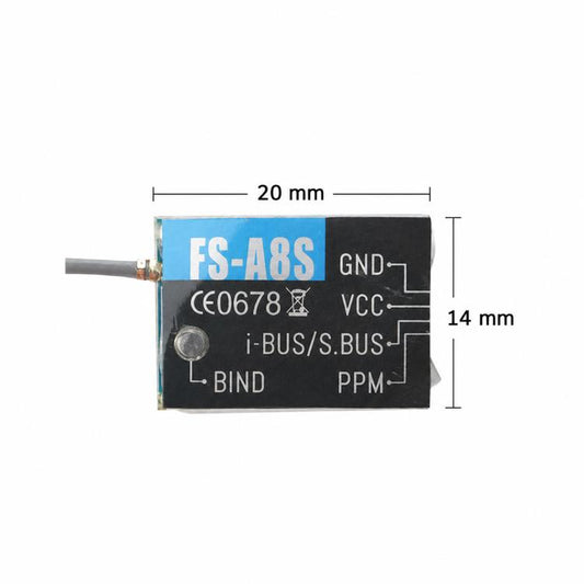 FlySky FS-A8S V2 mini receiver module with GND/VCC/i-BUS/PPM labels and size