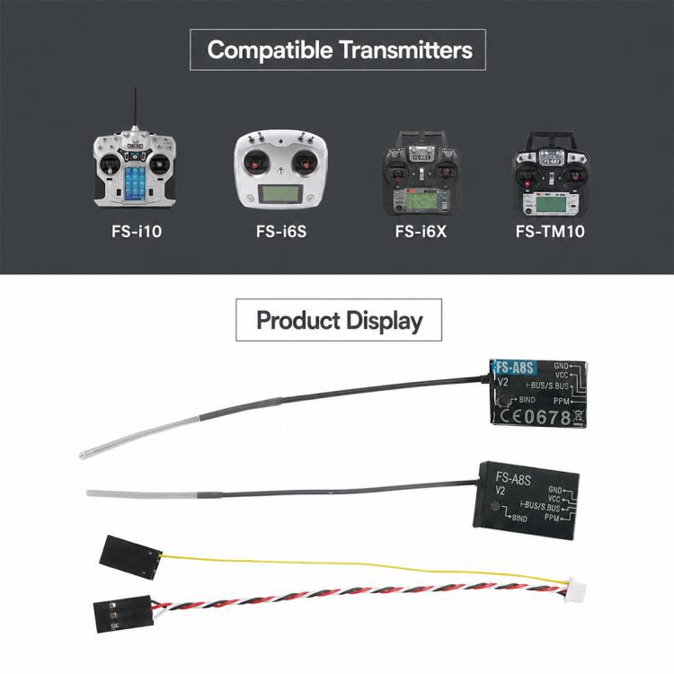 FlySky FS-A8S V2 mini receiver with antenna lead and JST-style multi-wire harness