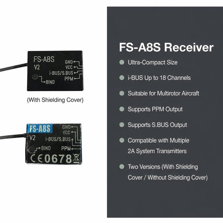 FlySky FS-A8S V2 mini receiver modules, shielded cover and wiring terminals