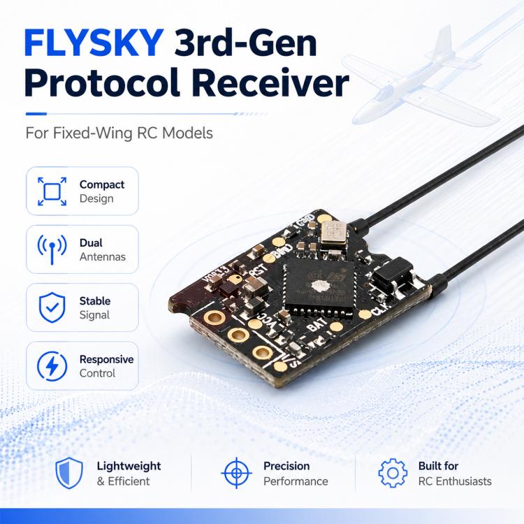 FlySky protocol receiver board with two antenna leads and mounting pads