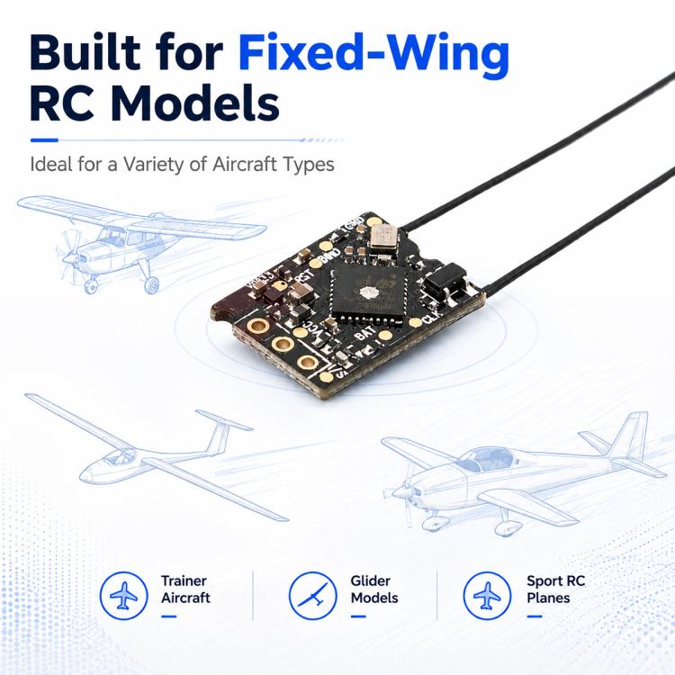 RC receiver circuit board with dual antenna wires and black electronic components