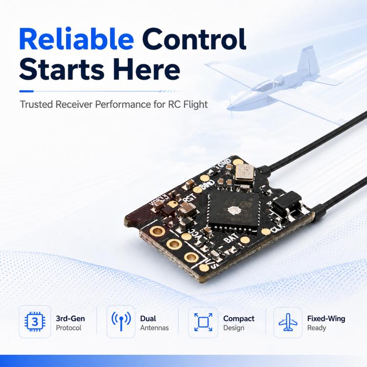 RC receiver circuit board with dual antenna leads, pin headers, and microchip