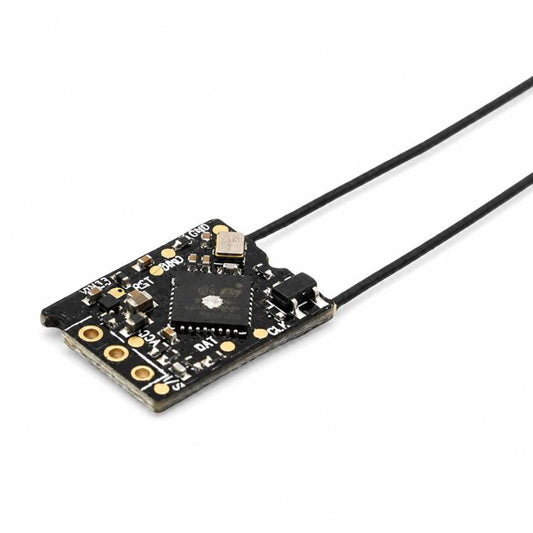 RC receiver circuit board with black dual antenna wires and gold pin connectors