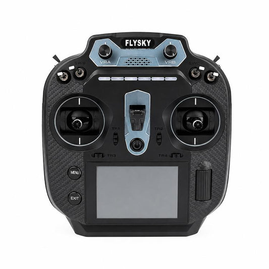 FlySky FS-ST16 radio transmitter with dual control sticks and LCD display, front view