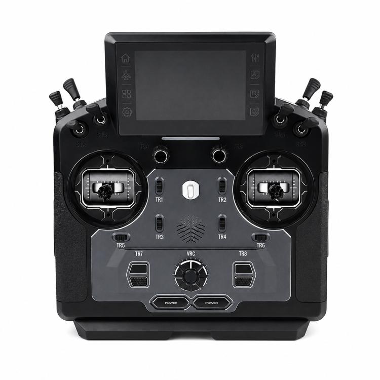 RC radio transmitter with dual control gimbals and dark LCD screen on front panel