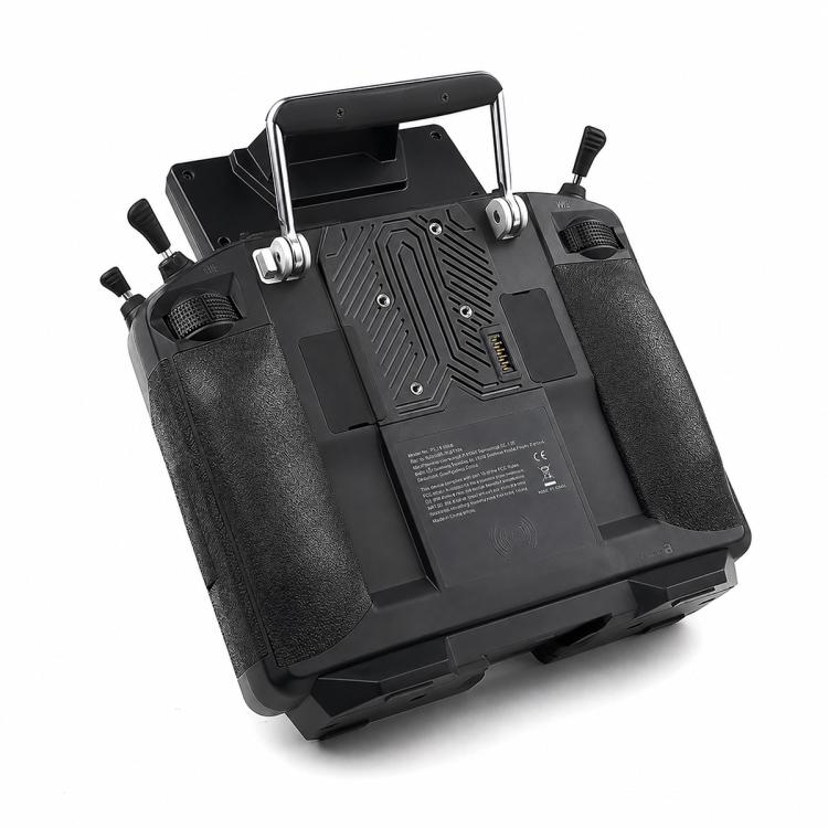 RC radio transmitter back panel with cover, ports, and antenna mounting posts