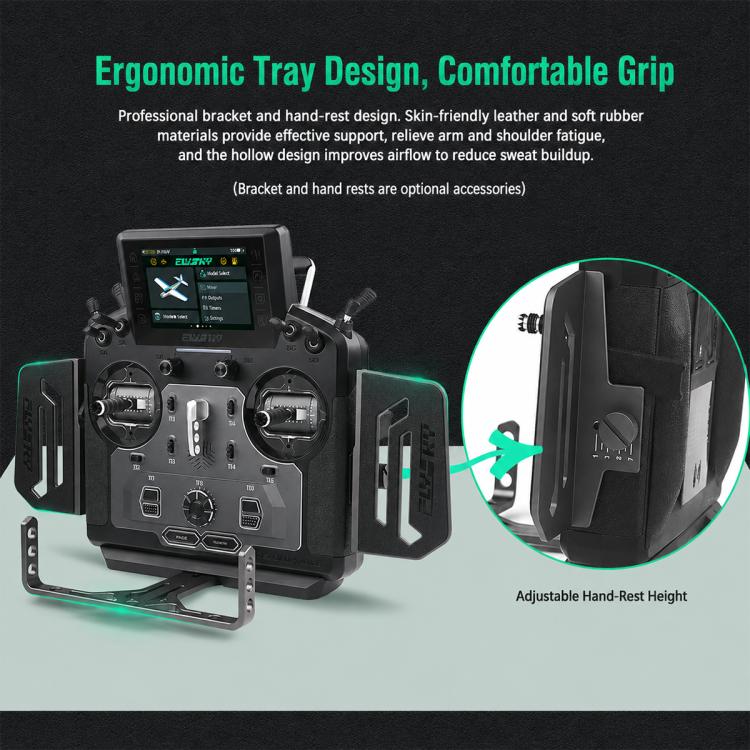RC radio transmitter with ergonomic tray base and textured hand-grip handles
