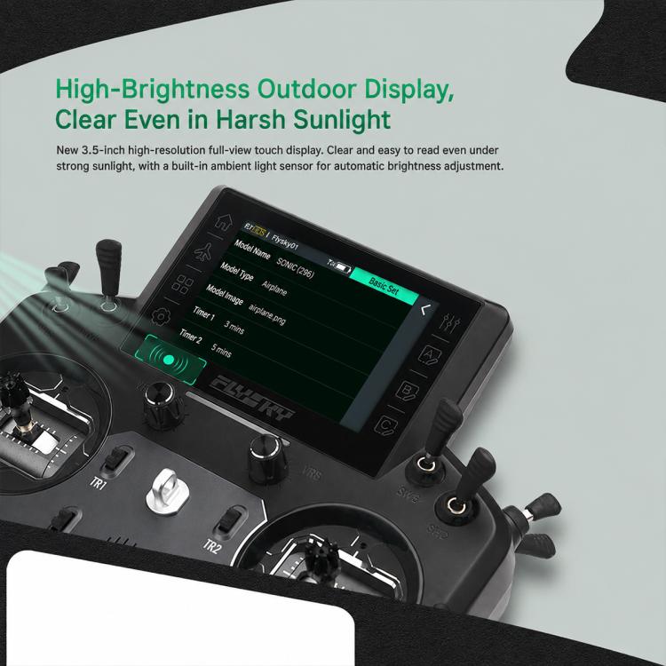 RC radio transmitter angled view with bright touchscreen and right-side buttons