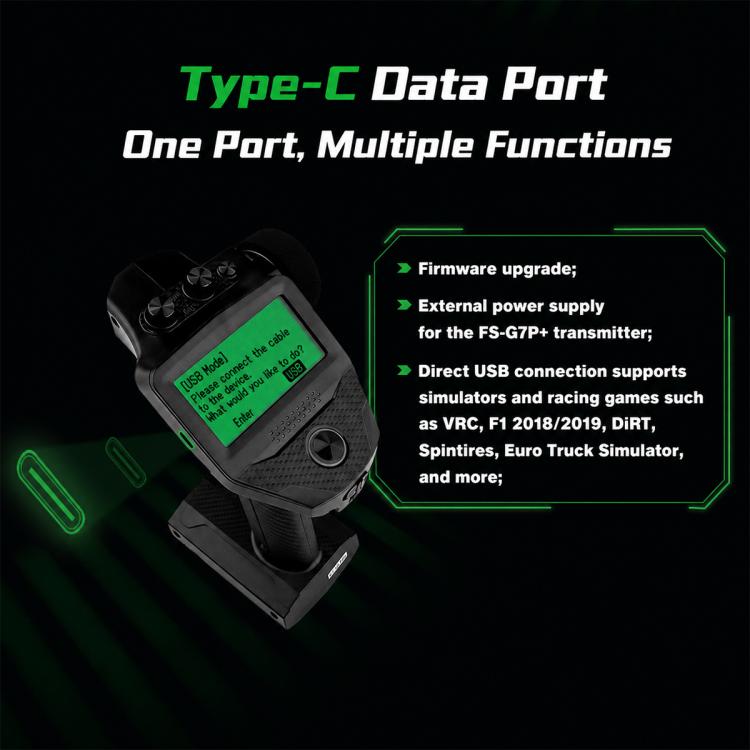 FlySky G7P+ RC transmitter with green LCD display and antenna base, handheld remote