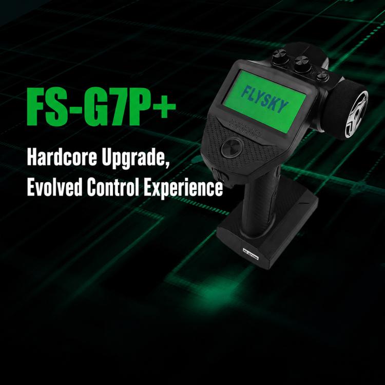 FlySky G7P+ RC transmitter with green LCD screen, front-left angle on stand