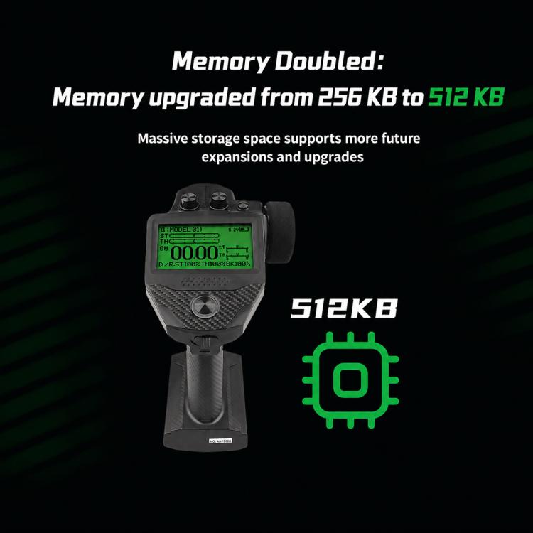 FlySky G7P+ RC transmitter with green LCD display, centered front view on stand