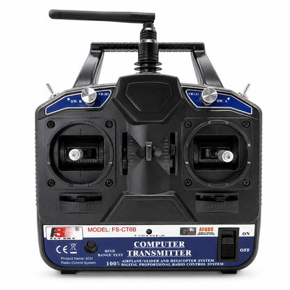 RC radio transmitter front view with two control sticks and top antenna