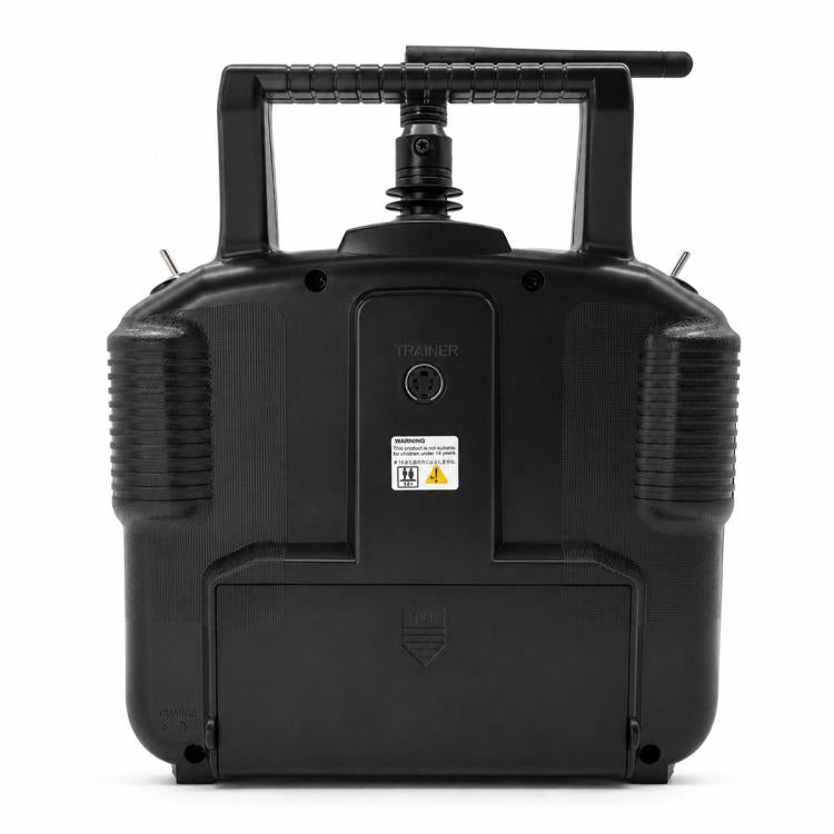 RC radio transmitter rear view with extended antenna and grip sides