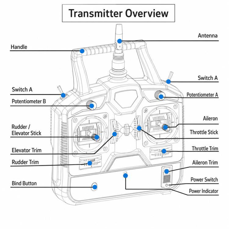 RC radio transmitter layout diagram with labeled switches and trims
