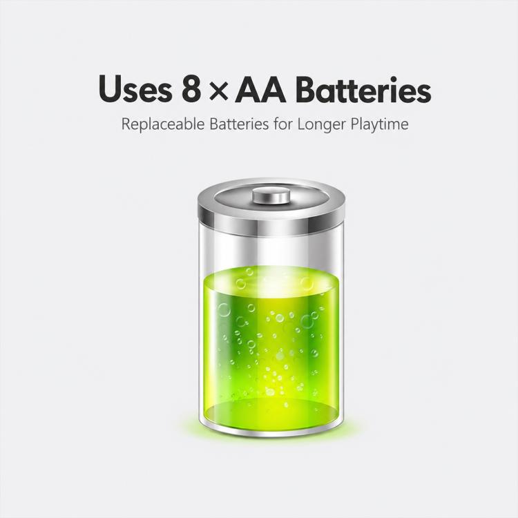 RC radio transmitter battery graphic showing long runtime with AA batteries