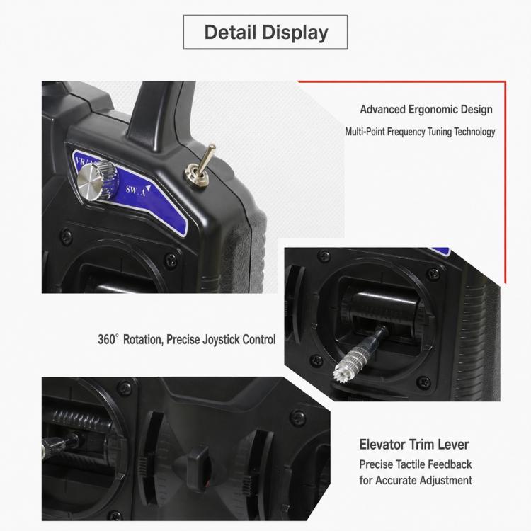 RC radio transmitter detail view of ergonomic controls and trim lever