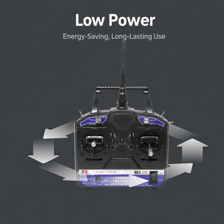 RC radio transmitter with low power feature arrows pointing outward