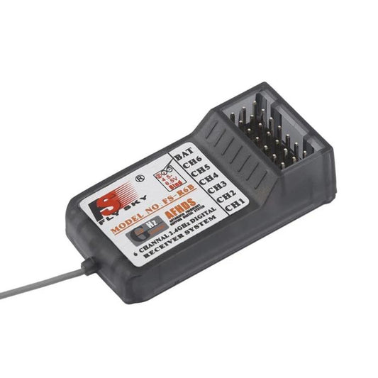 FlySky FS-R6B 2.4GHz 6CH receiver, black case with label and gold pin connector