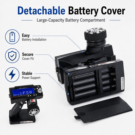 Black RC transmitter with open battery compartment and removable battery cover