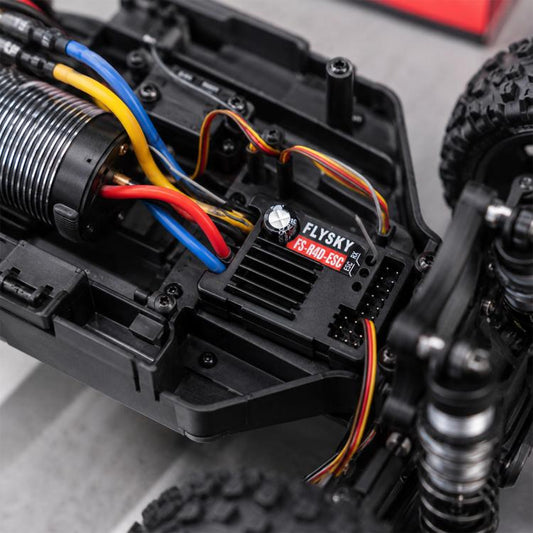 FlySky FS-R4D-ESC receiver/ESC module with multicolor wiring and mounting case