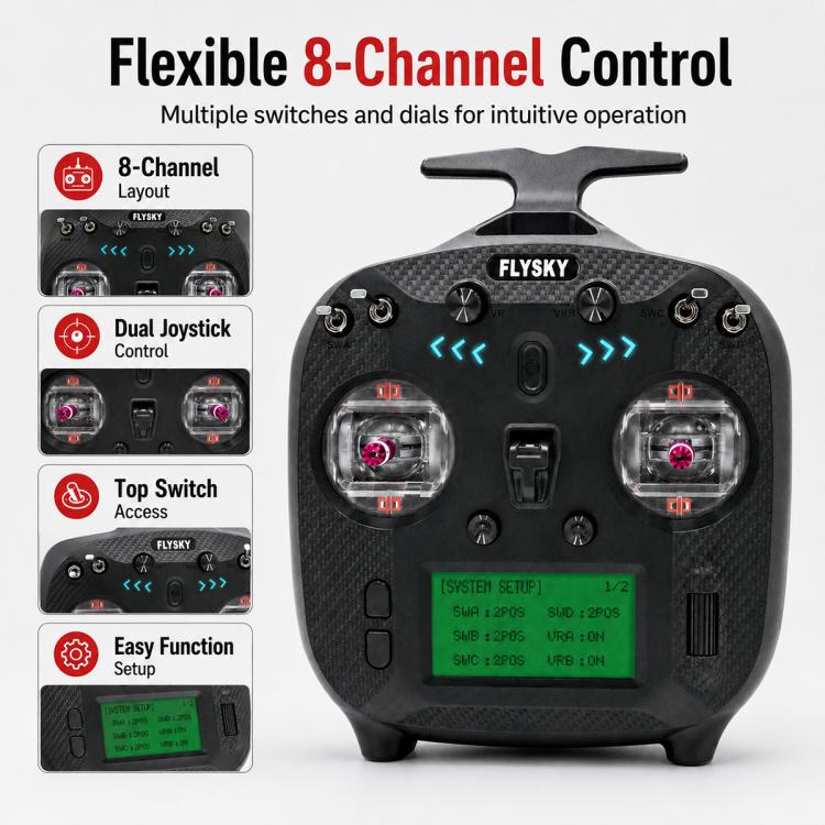 FlySky FS-ST8 8-channel RC transmitter with dual joysticks and LCD display